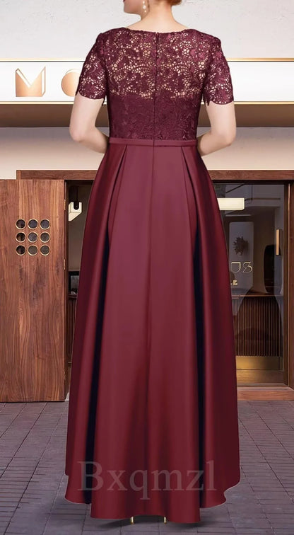 Elegant Lace Short-Sleeve High-Low Hem Maxi Evening Dress