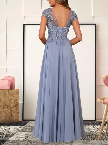 Elegant Lace Short-Sleeve High-Low Hem Maxi Evening Dress