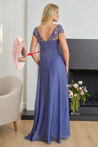 Elegant Lace V-Neck Cap Sleeve Maxi Evening Dress
