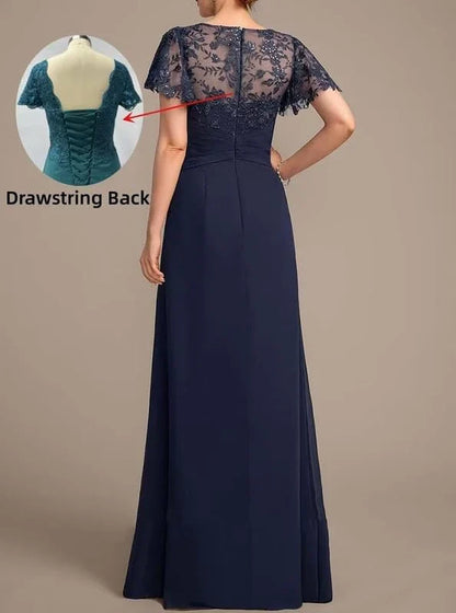 Elegant Lace Yoke Ruffle Detail Drawstring Back Maxi Mother Of The Bride Dress