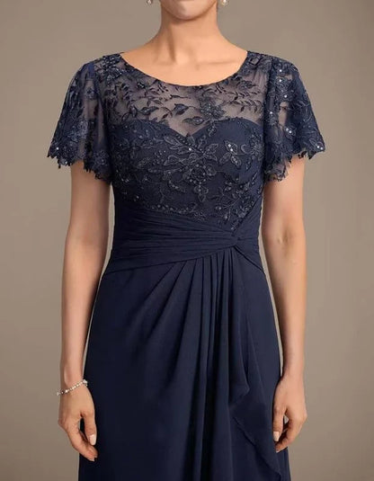 Elegant Lace Yoke Ruffle Detail Drawstring Back Maxi Mother Of The Bride Dress