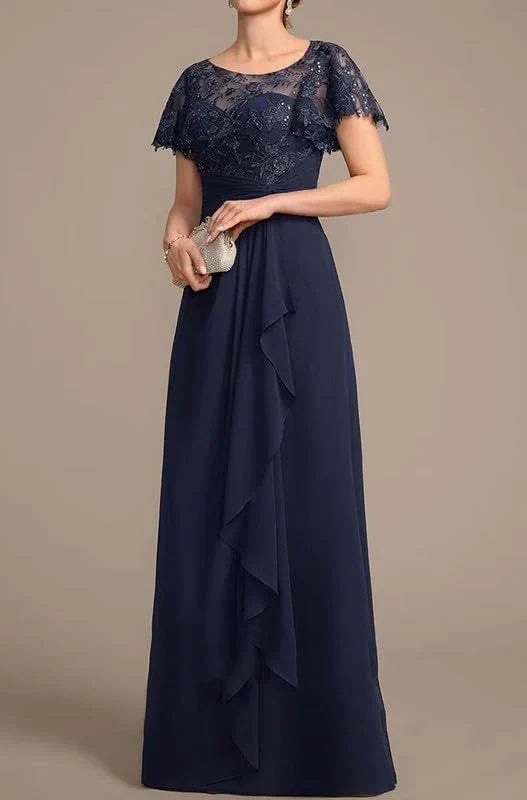 Elegant Lace Yoke Ruffle Detail Drawstring Back Maxi Mother Of The Bride Dress