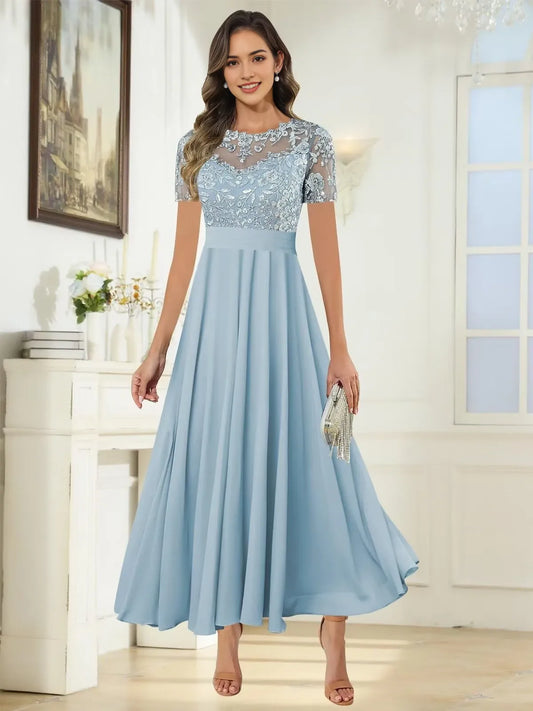 Elegant Lace Yoke Short-Sleeve Lace-Up Back Maxi Mother Of The Bride Dress