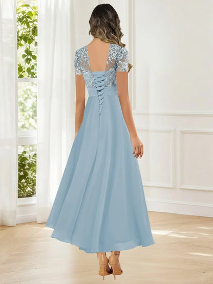 Elegant Lace Yoke Short-Sleeve Lace-Up Back Maxi Mother Of The Bride Dress