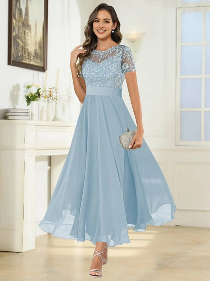 Elegant Lace Yoke Short-Sleeve Lace-Up Back Maxi Mother Of The Bride Dress