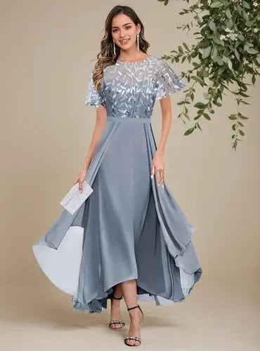 Elegant Lace Yoke Short-Sleeve V-Back High-Low Maxi Bridesmaid Dress