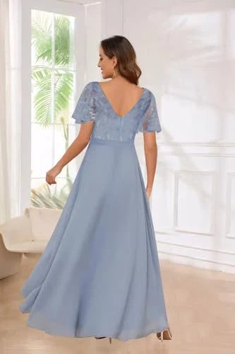 Elegant Lace Yoke Short-Sleeve V-Back High-Low Maxi Bridesmaid Dress