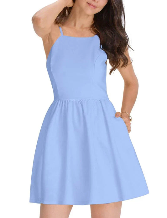 Elegant Spaghetti Strap Square Neck Open Back Flare Mini Party Dress