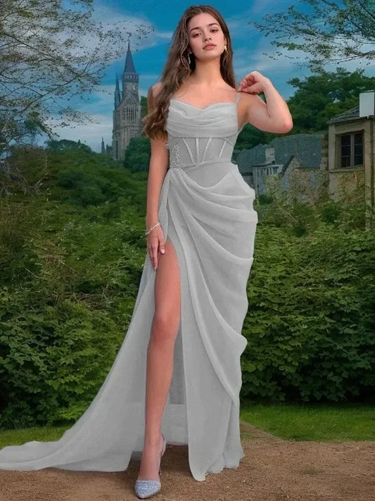 Elegant Light Chiffon Spaghetti Strap Open-Back Ruched High-Slit Train Evening Dress