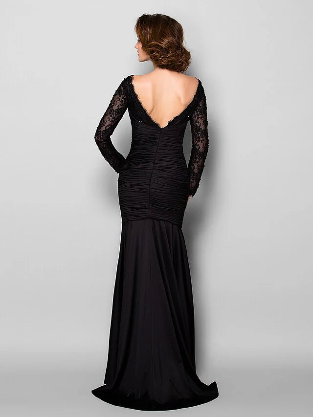 Back view of the Mother of the Bride dress, showcasing the beautiful back design and ruched beading.