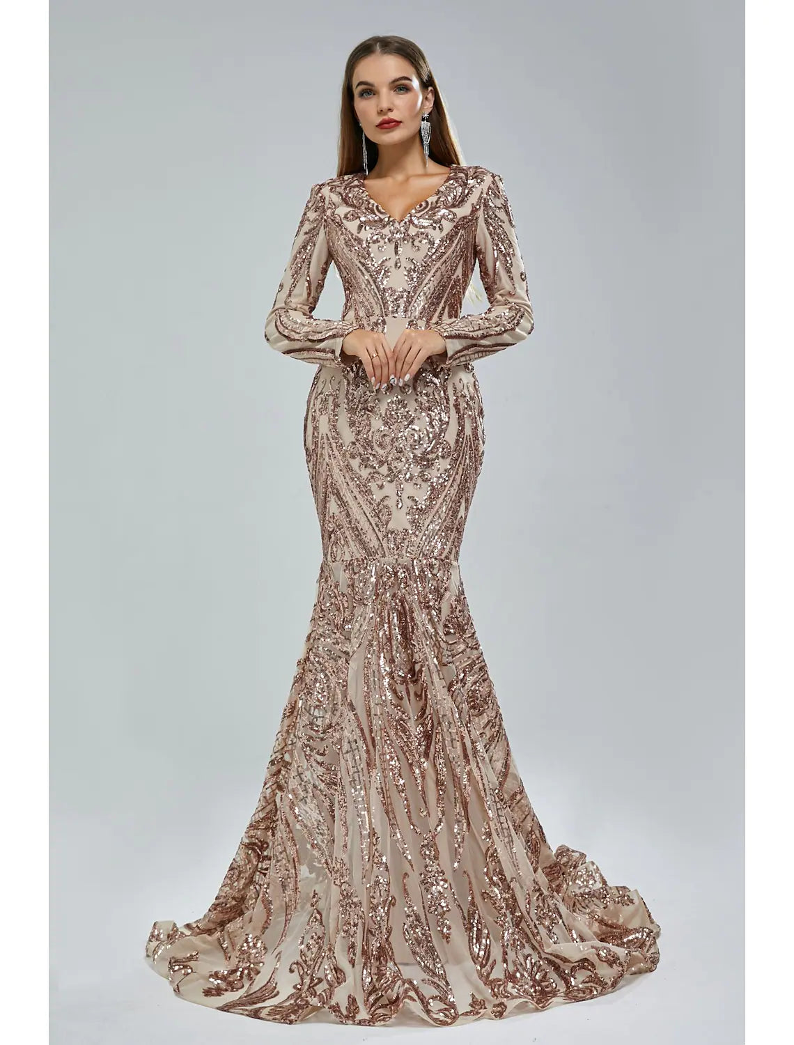Full-length view of the elegant mermaid trumpet evening gown with long sleeves and V-neck.