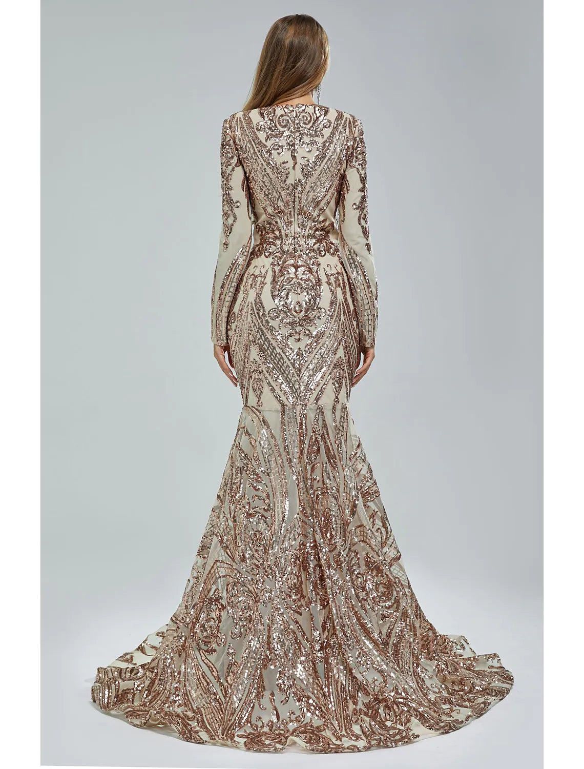 Side view of the sequined lace mermaid trumpet gown, highlighting the court train.