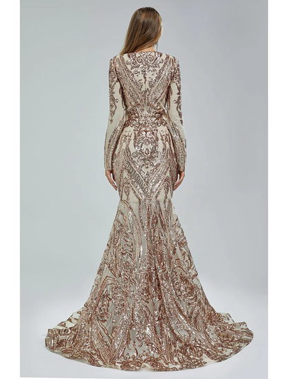 Side view of the sequined lace mermaid trumpet gown, highlighting the court train.