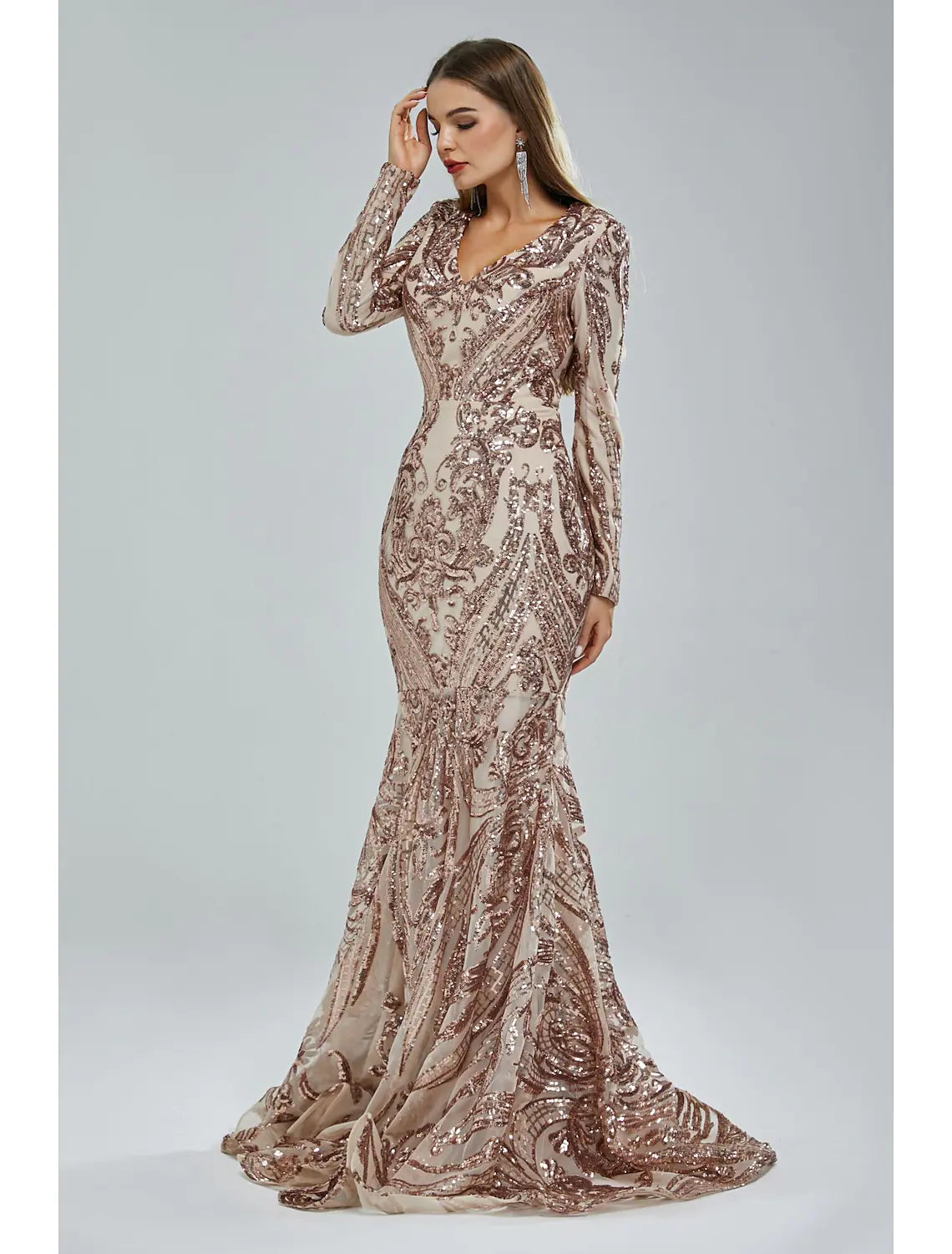 Back view of the long sleeve V-neck evening dress, showing the intricate lace details.