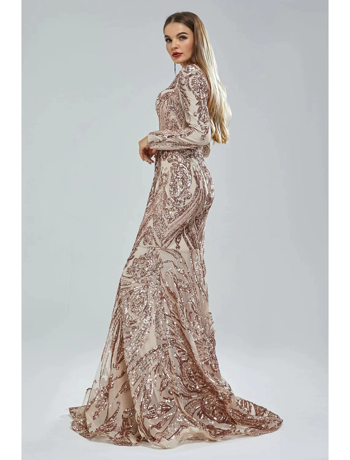 Close-up of the V-neckline and long sleeves with lace and sequin embellishments.