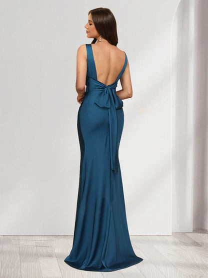 Elegant Mermaid Cowl-Neck Sleeveless-Bow-Open-Back Teal Satin Floor-Length Prom Dresses