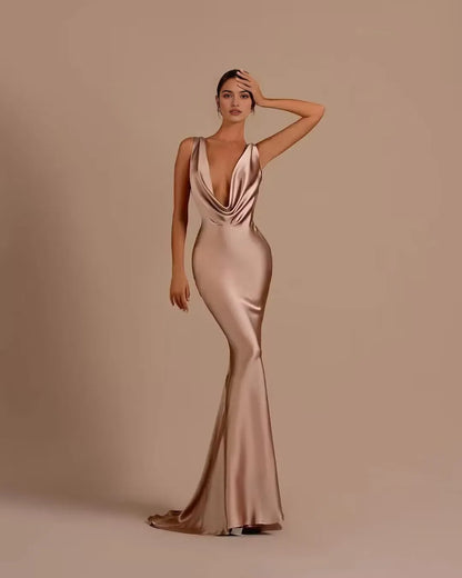 Elegant Mermaid Cowl Neck Sleeveless Open Back Maxi Evening Dress