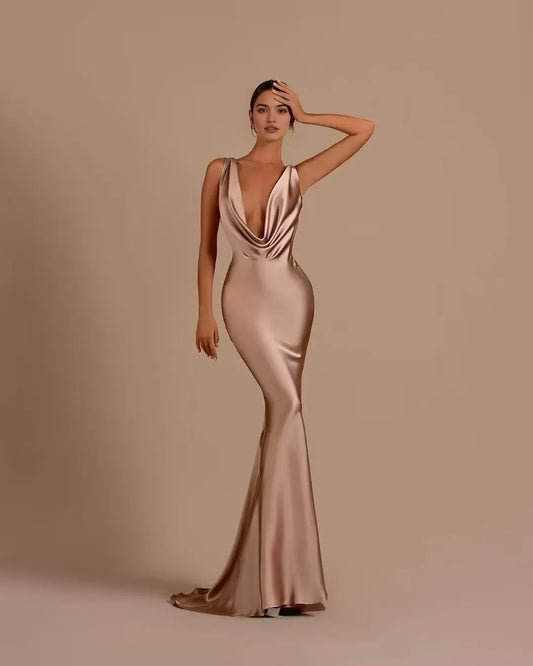 Elegant Mermaid Cowl Neck Sleeveless Open Back Maxi Evening Dress