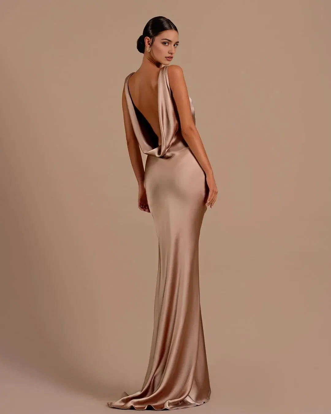 Elegant Mermaid Cowl Neck Sleeveless Open Back Maxi Evening Dress