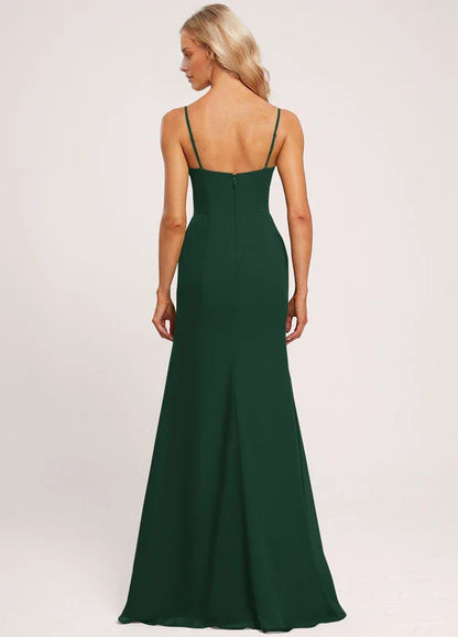 Elegant Mermaid Cowl Neck Spaghetti Strap Ruched High-Slit Maxi Evening Dress