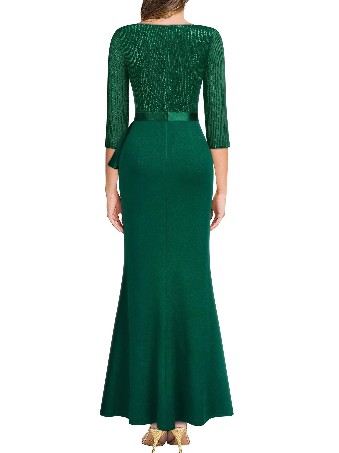 Elegant Mermaid Deep V-Neck 3/4 Sleeve Back Zip Sequin Bodice Ruffled High-Slit Floor-Length Evening Dress