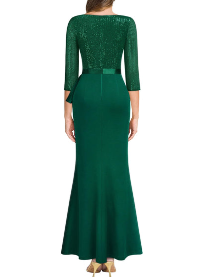 Elegant Mermaid Deep V-Neck 3/4 Sleeve Back Zip Sequin Bodice Ruffled High-Slit Floor-Length Evening Dress
