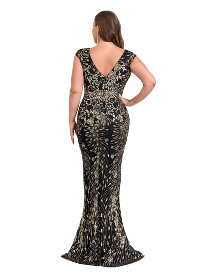 Elegant Mermaid Deep V-Neck Cap Sleeve Sequin Maxi Evening Dress