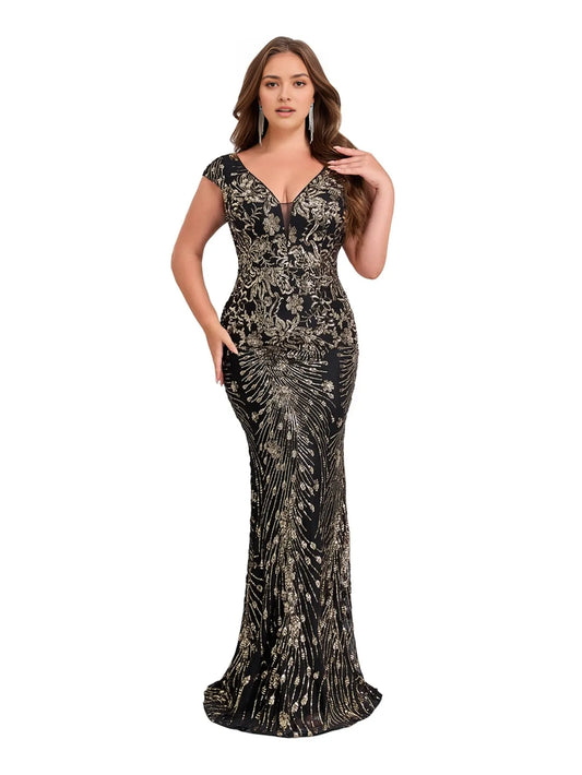 Elegant Mermaid Deep V-Neck Cap Sleeve Sequin Maxi Evening Dress