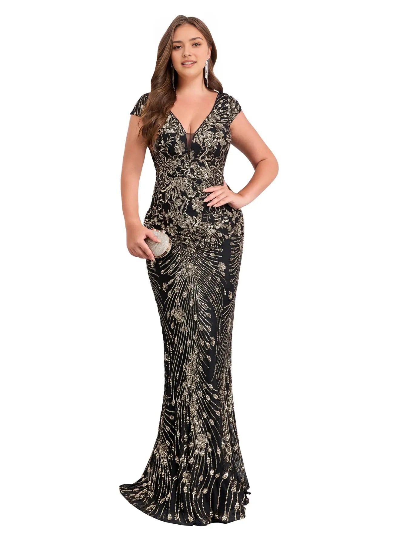 Elegant Mermaid Deep V-Neck Cap Sleeve Sequin Maxi Evening Dress