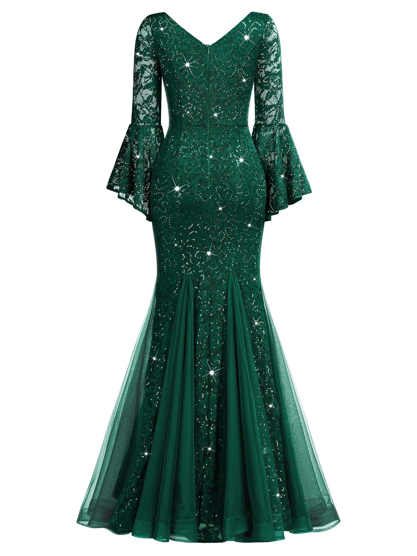 Elegant Mermaid Deep V-Neck Flared Sleeve Lace Sequin Tulle Floor-Length Evening Dress