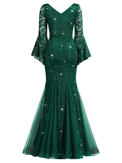 Elegant Mermaid Deep V-Neck Flared Sleeve Lace Sequin Tulle Floor-Length Evening Dress