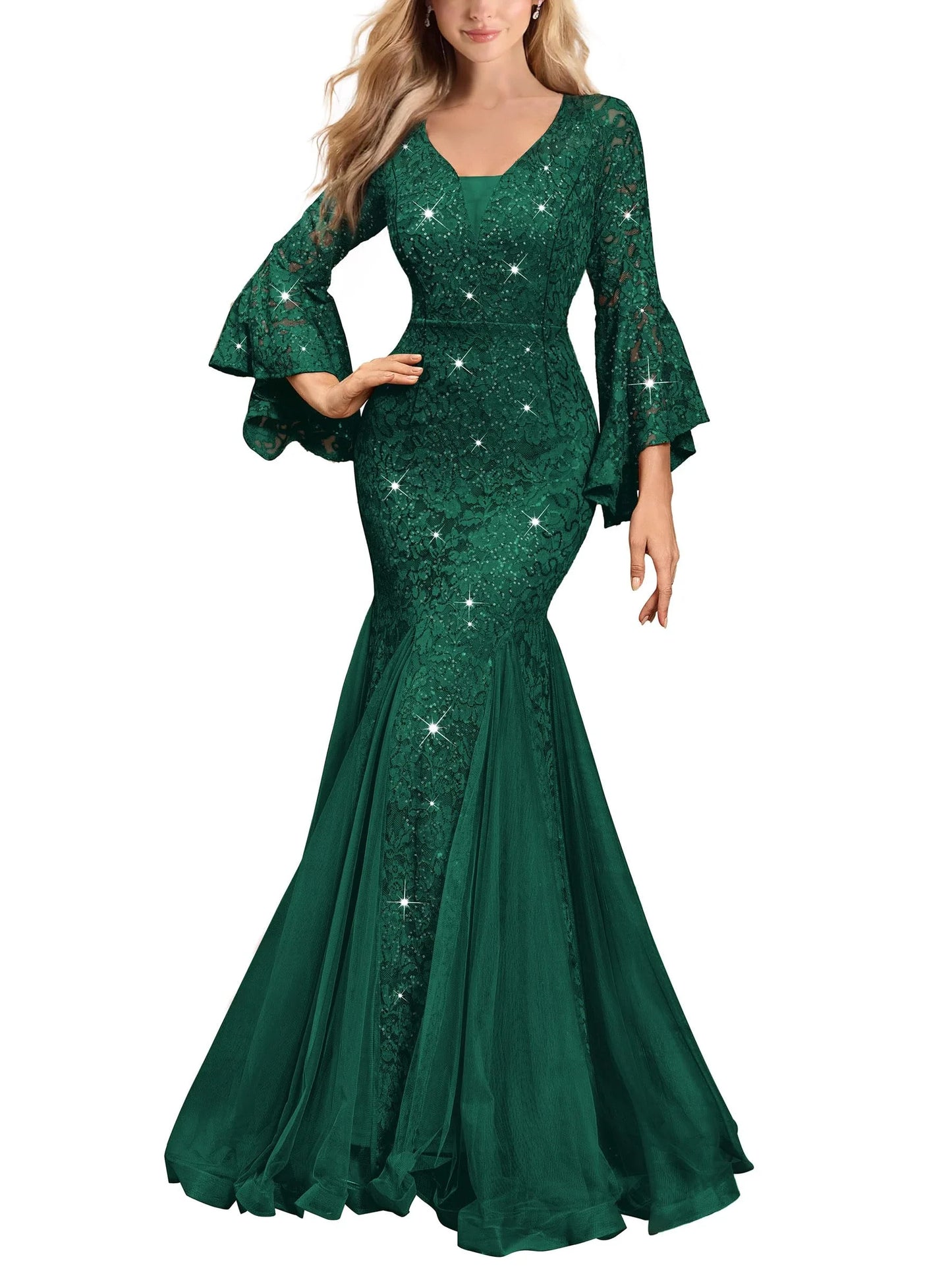 Elegant Mermaid Deep V-Neck Flared Sleeve Lace Sequin Tulle Floor-Length Evening Dress