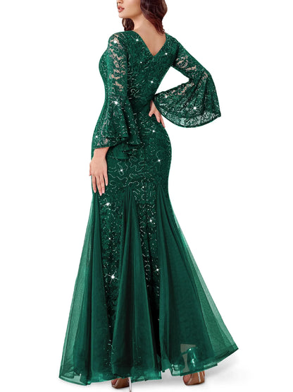 Elegant Mermaid Deep V-Neck Flared Sleeve Lace Sequin Tulle Floor-Length Evening Dress