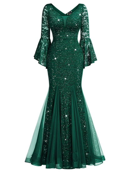 Elegant Mermaid Deep V-Neck Flared Sleeve Lace Sequin Tulle Floor-Length Evening Dress