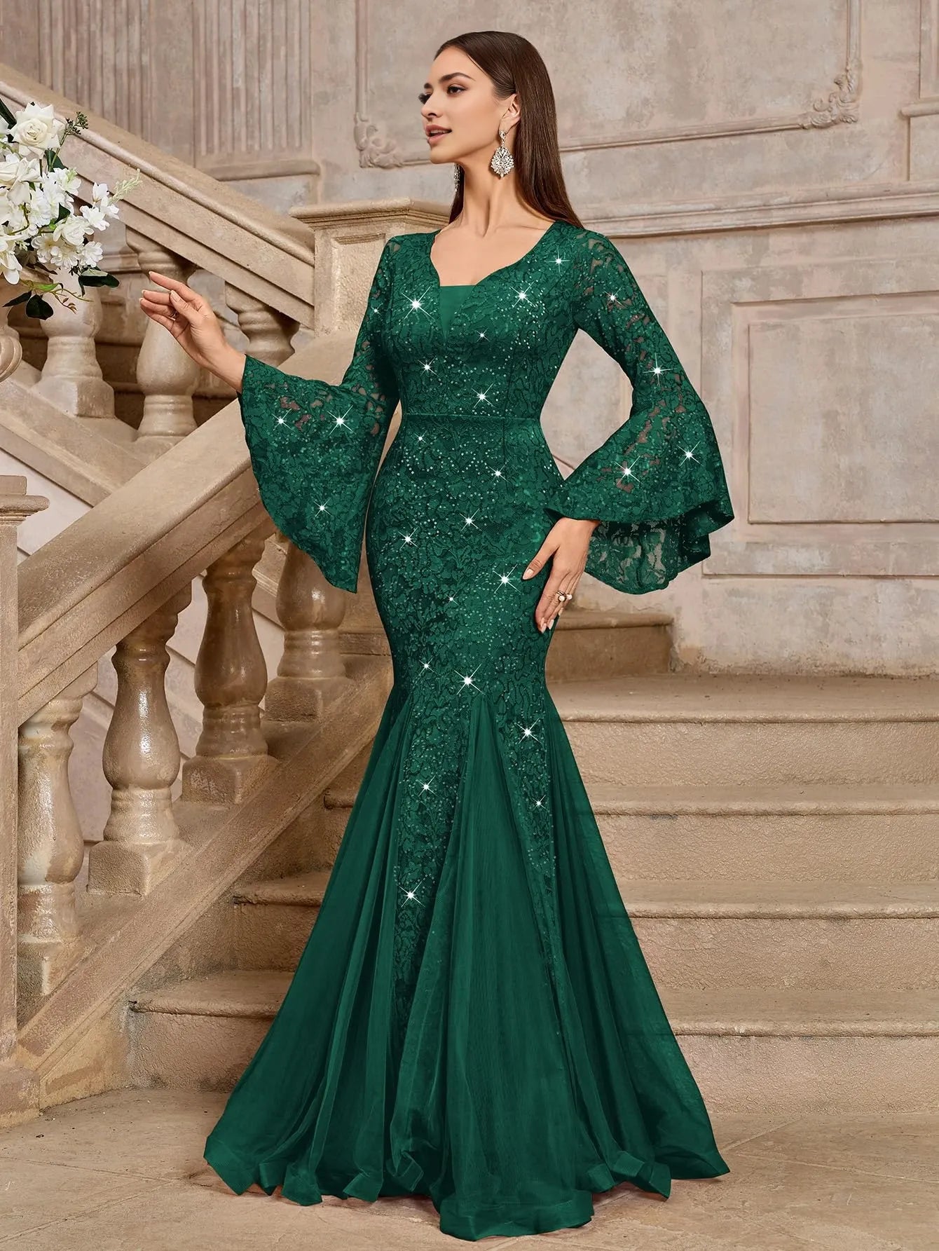 Elegant Mermaid Deep V-Neck Flared Sleeve Lace Sequin Tulle Floor-Length Evening Dress