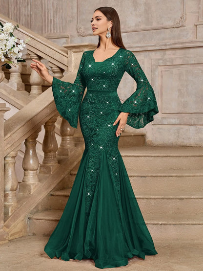 Elegant Mermaid Deep V-Neck Flared Sleeve Lace Sequin Tulle Floor-Length Evening Dress