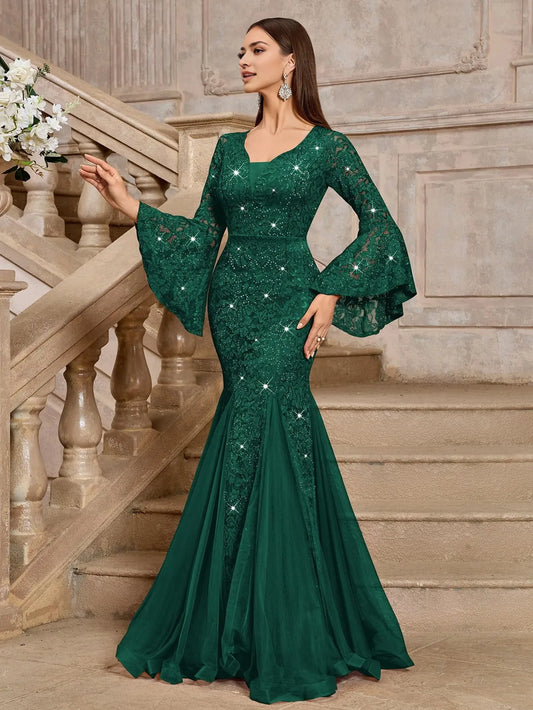 Elegant Mermaid Deep V-Neck Flared Sleeve Lace Sequin Tulle Floor-Length Evening Dress
