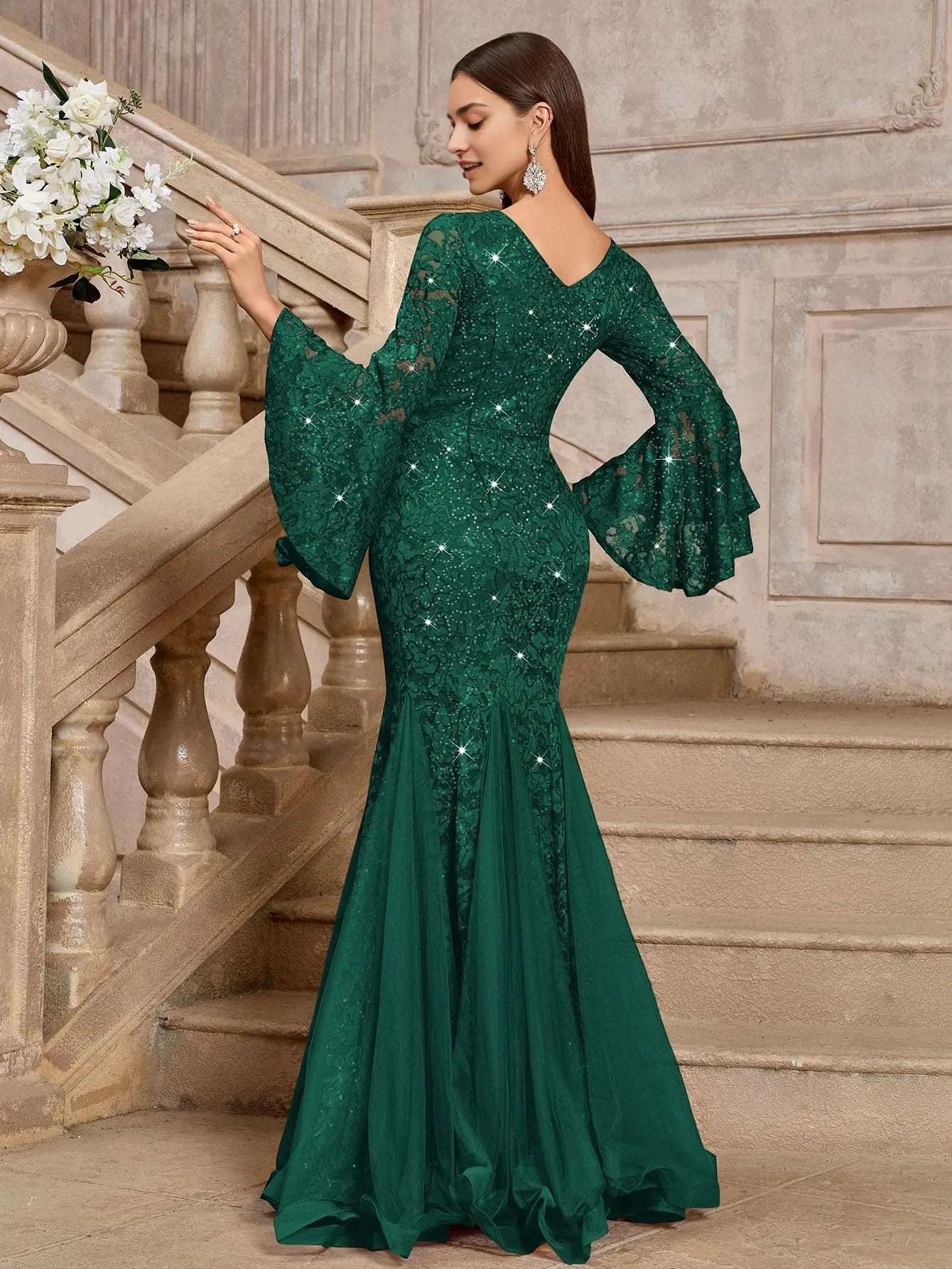 Elegant Mermaid Deep V-Neck Flared Sleeve Lace Sequin Tulle Floor-Length Evening Dress