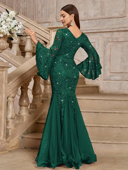 Elegant Mermaid Deep V-Neck Flared Sleeve Lace Sequin Tulle Floor-Length Evening Dress