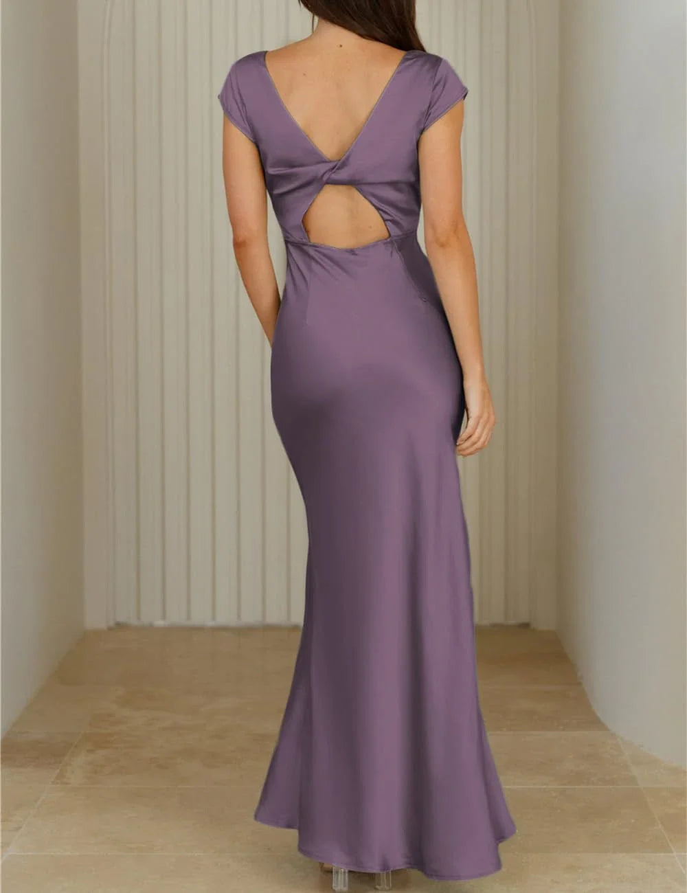 Elegant Mermaid Deep V-Neck Short Sleeve Twist-Back Cutout Maxi Evening Dress