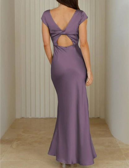 Elegant Mermaid Deep V-Neck Short Sleeve Twist-Back Cutout Maxi Evening Dress
