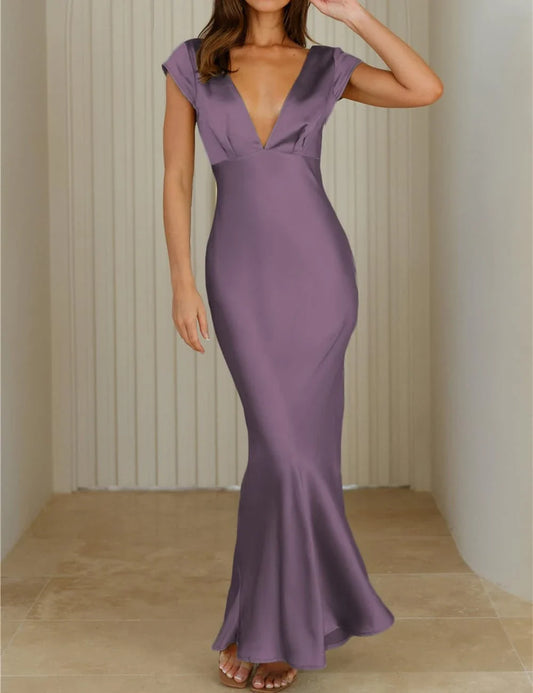 Elegant Mermaid Deep V-Neck Short Sleeve Twist-Back Cutout Maxi Evening Dress