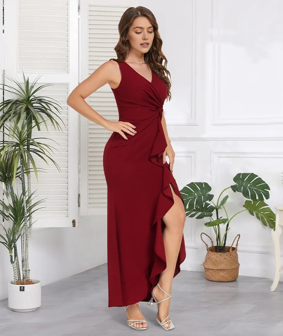 Elegant Mermaid Deep V-Neck Sleeveless Ruched Ruffle High-Slit Crisscross Back Maxi Evening Dress