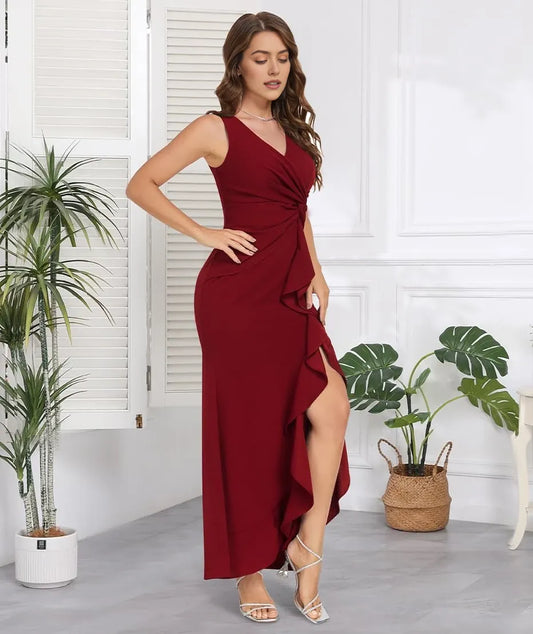 Elegant Mermaid Deep V-Neck Sleeveless Ruched Ruffle High-Slit Crisscross Back Maxi Evening Dress