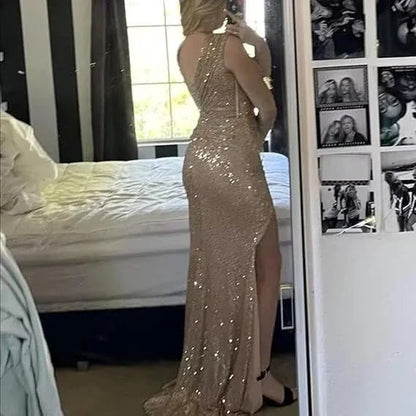 Elegant Mermaid Deep V-Neck Sleeveless Sequin Ruched High-Slit Maxi Evening Dress