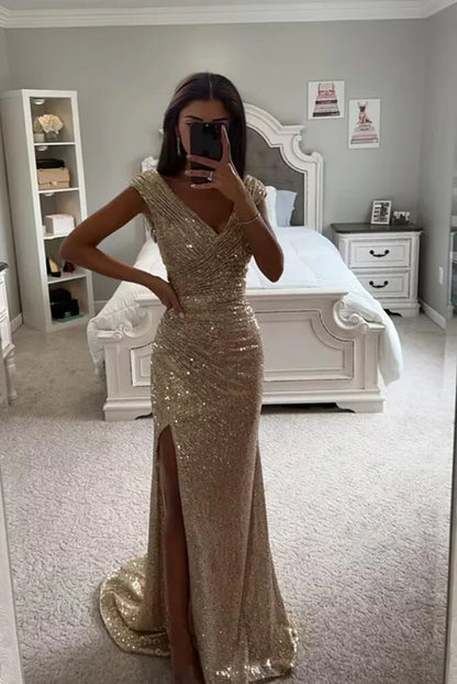 Elegant Mermaid Deep V-Neck Sleeveless Sequin Ruched High-Slit Maxi Evening Dress