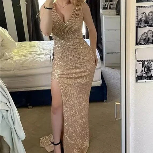 Elegant Mermaid Deep V-Neck Sleeveless Sequin Ruched High-Slit Maxi Evening Dress