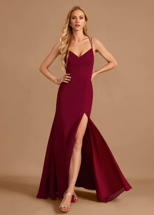 Elegant Mermaid Deep V-Neck Spaghetti Strap Crisscross Back High-Slit Chiffon Maxi Evening Dress