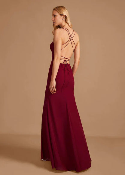 Elegant Mermaid Deep V-Neck Spaghetti Strap Crisscross Back High-Slit Chiffon Maxi Evening Dress