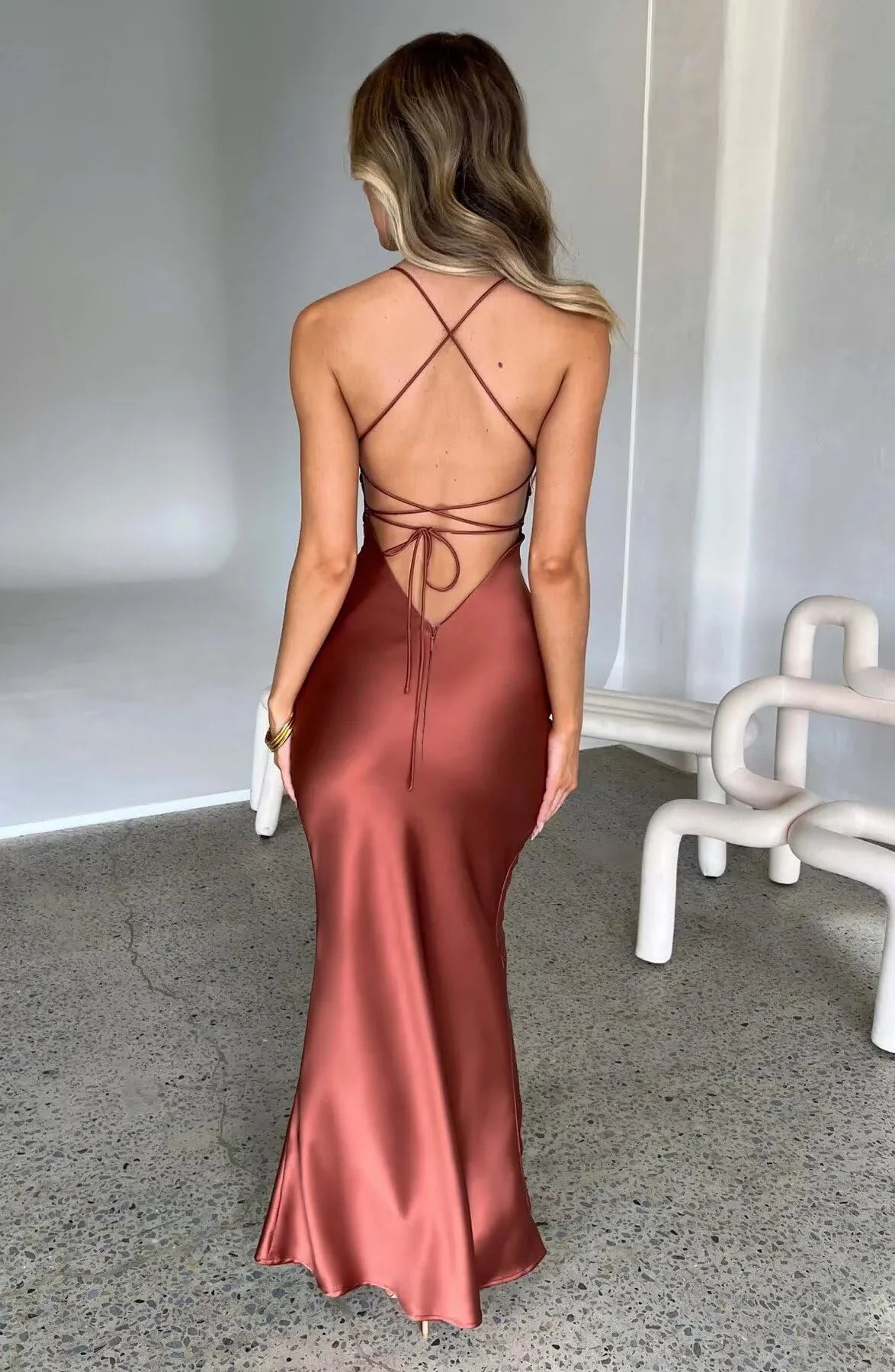 Elegant Mermaid Deep V-Neck Spaghetti Strap Satin Crisscross Back Maxi Evening Dress